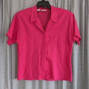Rafaella Blouse Top Womens PM Pink Button Down Short Sleeve Linen Blend Grandma